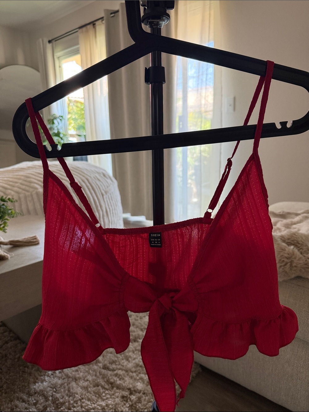 Red Ribbed Tie-Front Crop Top & Matching Pants Set - Picture 3 of 4